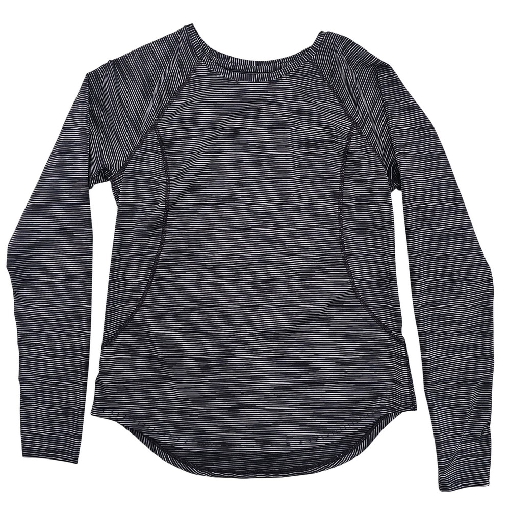 Tek Gear DryTek Womens Medium Long Sleeve Athletic Shirt Black Grey Striped Top